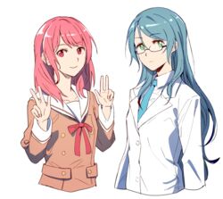  2girls akni bang_dream! black-framed_eyewear blue_hair blue_neckwear brown_coat buttons closed_mouth coat collarbone collared_shirt commentary_request double_w glasses green_eyes hair_between_eyes hanasakigawa_school_uniform haneoka_school_uniform hikawa_sayo lab_coat long_hair long_sleeves looking_at_viewer maruyama_aya multiple_girls neck_ribbon necktie pink_eyes pink_hair red_ribbon ribbon sailor_collar school_uniform shirt simple_background smile upper_body w white_background white_sailor_collar white_shirt 