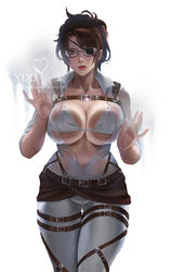  against_glass belt bikini bikini_top_only breast_press breasts breasts_on_glass brown_belt brown_eyes brown_hair collared_shirt eyepatch female glasses grey_pants hange_zoe highres large_breasts looking_at_viewer multiple_straps open_clothes open_shirt pants paradis_military_uniform parted_lips see-through shingeki_no_kyojin shirt short_hair skin_tight solo swimsuit thigh_gap underboob white_background white_bikini white_shirt xixi_(xixihenlan_ing) 