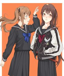  2girls black_bow black_serafuku blue_bow blue_bowtie blush bow bowtie brown_eyes brown_hair feet_out_of_frame girls&#039;_frontline hair_ornament hairbow hands_in_pockets highres jacket letterman_jacket light_brown_hair long_hair looking_at_another looking_at_viewer multiple_girls open_clothes open_jacket open_mouth orange_background red_bow red_bowtie school_uniform serafuku simple_background standing sukajan ump45_(girls&#039;_frontline) ump9_(girls&#039;_frontline) yitiao_er-hua 