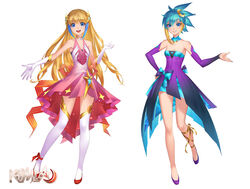  2girls blonde_hair blue_eyes blue_hair breasts collaboration commentary copyright_name dress elbow_gloves english_commentary full_body gloves hair_ornament ishquid kami-con kosho_(kami-con) kriss_sison long_hair medium_hair multiple_girls pink_dress ponytail purple_dress purple_footwear red_footwear second-party_source shio_(kami-con) shoes simple_background small_breasts thighhighs very_long_hair white_background 