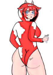  1girls :o :p average_breasts bad_anatomy big_ass blue_eyes blush breasts cosplay cow_girl cow_swimsuit female flowers_in_hand hoodie human human_only humanoid looking_at_viewer looking_back minecraft mooshroom_(minecraft) no_background pink_body pink_skin png red_and_white_swimsuit red_hair red_swimsuit solo solo_female standing swimsuit tagme tongue tongue_out transparent_background woman 