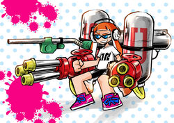  bike_shorts black_shorts blue_eyes commentary_request dual_wielding e-liter_3k_(splatoon) female grin headphones holding holding_weapon hydra_splatling_(splatoon) inkling inkling_girl inkling_player_character long_hair orange_hair pointy_ears polka_dot polka_dot_background print_shirt ricochet-gou shirt shoes short_hair_with_long_locks shorts smile sneakers solo splatoon_(series) splatoon_1 standing t-shirt weapon white_shirt 