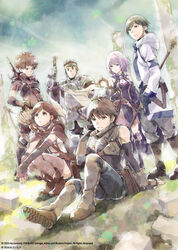  2girls 4boys absurdres armor arrow_(projectile) boots bow_(weapon) braid brown_eyes brown_hair hai_to_gensou_no_grimgar haruhiro_(grimgar) headgear highres manato_(grimgar) mogzo_(grimgar) multiple_boys multiple_girls official_art purple_eyes purple_hair ranta_(grimgar) shihoru_(grimgar) staff sword weapon yume_(grimgar) 