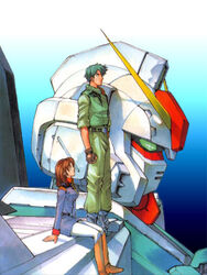  belt boots brown_hair female fingerless_gloves gloves gradient gradient_background green_hair ground_gundam gundam gundam_lost_war_chronicles matt_healy mecha military_uniform natsumoto_masato noel_anderson official_art sitting uniform 