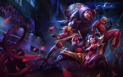  2girls 3boys arm_mounted_weapon claw_(weapon) crossbow esports_cosmetic headset jax_(league_of_legends) league_of_legends lee_sin monster_girl multiple_boys multiple_girls official_art plant_girl skt_t1_jax skt_t1_lee_sin skt_t1_vayne skt_t1_zed skt_t1_zyra stadium summoner&#039;s_cup sunglasses t1_(esports) vayne_(league_of_legends) weapon zed_(league_of_legends) zyra 