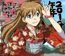  alternate_hairstyle blue_eyes blurry bracelet brown_hair chatubo commentary_request depth_of_field female floral_print hair_ornament happy_new_year japanese_clothes jewelry kimono long_hair long_sleeves looking_at_viewer neon_genesis_evangelion new_year obi obiage obijime partial_commentary rebuild_of_evangelion red_kimono sash smile solo souryuu_asuka_langley torii wide_sleeves 