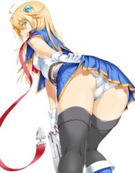  212_(kisaragi) ahoge ass bent_over blazblue blazblue:_chronophantasma blonde_hair blue_eyes bolverk clothes_lift extraction female gloves gun highres long_hair looking_back mg_renders noel_vermillion panties skirt skirt_lift solo thighhighs transparent_background underwear upskirt weapon white_panties 