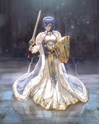  absurdres ahoge armor aztodio binding_shield commentary cosplay dress english_commentary falchion_(fire_emblem) female fire_emblem fire_emblem_awakening fur_trim highres jacket long_hair lucina_(fire_emblem) lucina_(fire_emblem)_(cosplay) morgan_(female)_(fire_emblem) morgan_(fire_emblem) open_mouth shield short_hair simple_background smile solo sword weapon 