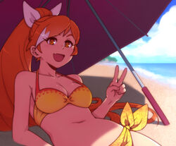  :d akairiot beach beach_umbrella bikini breasts cleavage commentary crunchyroll english_commentary female hair_ribbon hime_(crunchyroll) long_hair looking_at_viewer mascot medium_breasts multicolored_hair navel oerba_yun_fang open_mouth orange_eyes orange_hair outdoors photoshop_(medium) ponytail ribbon sarong smile solo swimsuit two-tone_hair umbrella v very_long_hair white_hair 