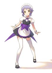  commentary_request female idolmaster idolmaster_million_live! looking_at_viewer maid maid_headdress makabe_mizuki mashima_(sumachi) open_mouth purple_hair short_hair simple_background solo thighhighs yellow_eyes 