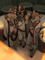  anthro biwa_lute canid canine canis group hi_res incarnata kemono looking_at_viewer male mammal musical_instrument smile smirk wolf 