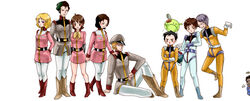  3girls 5boys amuro_ray artist_request black_hair blonde_hair boots bright_noa brown_hair crossed_arms frau_bow gundam haro hat hayato_kobayashi helmet kai_shiden military_uniform mirai_yashima mobile_suit_gundam multiple_boys multiple_girls pilot_suit purple_hair robot sayla_mass simple_background sleggar_law uniform 