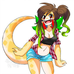  1:1 american_mythology anthro aztec_mythology big_breasts bra breasts brown_hair cleavage clothed clothing deity female flannel green_hair hair hamster_(hamsteroftime) hamsteroftime looking_at_viewer mesoamerican_mythology midriff multicolored_hair mythology navel non-mammal_breasts open_mouth quetzalcoatl red_eyes reptile scalie simple_background smile solo teeth two_tone_hair underwear white_background 