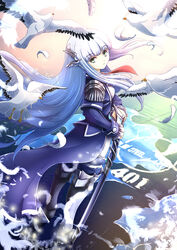  aata1007 alternate_costume aoki_hagane_no_arpeggio bird commentary_request female green_eyes highres iona_(aoki_hagane_no_arpeggio) long_hair personification photoshop_(medium) seagull silver_hair solo sword very_long_hair weapon 