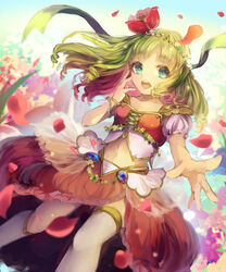  blue_eyes commentary_request female flower green_hair hair_flower hair_ornament kogome_(azalea4) midriff open_mouth original outstretched_hand petals ribbon shingoku_no_valhalla_gate solo thighhighs white_thighhighs wristband 