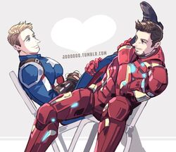  2boys animification armor beard black_hair blonde_hair captain_america captain_america:_civil_war captain_america_(series) commentary_request facial_hair iron_man jo_(artist) male_focus marvel marvel_cinematic_universe multiple_boys power_armor sitting steve_rogers superhero_costume tony_stark 