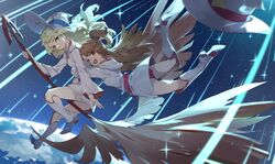  2girls blonde_hair blue_eyes blush boots broom broom_riding brown_hair cloak commentary diana_cavendish dress flying hat highres hood hug kagari_atsuko knee_boots little_witch_academia long_hair looking_at_viewer multiple_girls nine_(liuyuhao1992) open_mouth panties pantyshot red_eyes red_panties shooting_star_(little_witch_academia) sky smile star_(sky) star_(symbol) starry_sky underwear waist_hug white_dress witch witch_hat yuri 