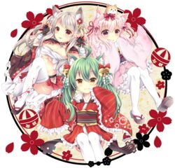  3girls ahoge akashi_(akashi&#039;s_in_the_red_nya!)_(azur_lane) akashi_(azur_lane) animal_ears arms_up azur_lane bandages bell black_gloves bow breasts brown_eyes cat_ears cleavage commentary_request fingerless_gloves flower gloves green_hair grey_hair hair_flower hair_ornament hairbow hand_to_own_mouth highres japanese_clothes jingle_bell kimono kisaragi_(azur_lane) kisaragi_(new_year&#039;s_wish)_(azur_lane) long_hair maya_(tirolpop) miniskirt multiple_girls new_year obi official_alternate_costume open_clothes open_kimono open_mouth pantyhose paw_pose pink_eyes pink_hair pink_kimono red_eyes red_kimono red_skirt ribbon sandals sarashi sash short_kimono sitting skirt sleeves_past_wrists smile thighhighs white_pantyhose white_thighhighs yuudachi_(azur_lane) yuudachi_(shogun_of_snowballs)_(azur_lane) 