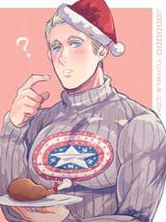  1boy ? animification blonde_hair blue_eyes commentary_request hat jo_(artist) male_focus marvel santa_hat solo steve_rogers sweater turkey_leg 