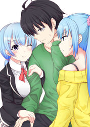  1boy 2girls ahoge arm_between_breasts between_breasts black_jacket blazer blue_hair blush breasts collared_shirt commentary_request hair_between_eyes highres hikigaya_hachiman jacket kawasaki_keika kawasaki_saki medium_breasts multiple_girls neck_ribbon one_eye_closed photoshop_(medium) purple_eyes red_ribbon ribbon school_uniform shirt simple_background sobu_high_school_uniform white_background white_shirt yahari_ore_no_seishun_lovecome_wa_machigatteiru. yuu_(oosakazaijyuu) 