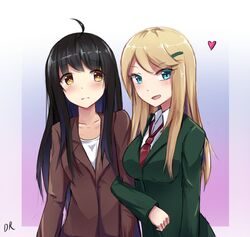  2girls ahoge black_hair blazer blonde_hair blue_background blue_eyes blush border brown_eyes commentary_request danraz0r detached_sleeves heart highres jacket locked_arms long_hair multiple_girls necktie original outside_border school_uniform white_border 