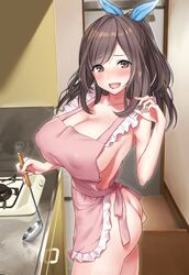  :d apron arm_up ass bare_shoulders blush breasts brown_eyes brown_hair cleavage collarbone commentary_request counter female frills from_side highres holding holding_spoon idolmaster idolmaster_shiny_colors kitchen large_breasts long_hair looking_at_viewer naked_apron nanae open_mouth pink_apron ponytail smile solo spoon stove tsukioka_kogane wooden_floor 