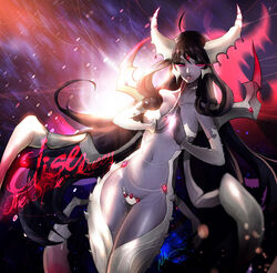  alternate_costume arthropod_limbs backlighting black_hair blurry character_name commentary depth_of_field elise_(league_of_legends) female forehead_jewel highres horns league_of_legends lens_flare long_hair midriff nal_(nal&#039;s_pudding) navel photoshop_(medium) red_eyes revealing_clothes signature silk solo spider_web very_long_hair 