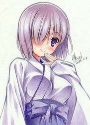  alternate_costume blush breasts commentary_request dated fate/grand_order fate_(series) female hair_over_one_eye hand_on_own_face japanese_clothes kimono large_breasts looking_at_viewer mash_kyrielight purple_eyes purple_hair short_hair signature smile solo yuto_takumi 