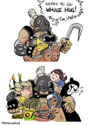  2girls 4boys ana_(overwatch) burning_hair chinese_zodiac closed_eyes commentary d.va_(gremlin) d.va_(overwatch) dark-skinned_female dark_skin english_commentary english_text fingerless_gloves gas_mask gloves group_hug happy_new_year headphones hook hug jewelry junkrat_(overwatch) lucio_(overwatch) markraas mask multiple_boys multiple_girls new_year overwatch overwatch_1 pig_tattoo pun reaper_(overwatch) ring roadhog_(overwatch) speech_bubble stomach_tattoo tattoo year_of_the_pig 