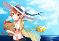  absurdres bad_id bad_pixiv_id bag beach bikini blush breasts cleavage cloud day female green_eyes groin hand_on_headwear handbag hat highres holding hoshizora_rin love_live! love_live!_school_idol_project ocean open_clothes open_shirt outdoors red_hair shirt sky small_breasts smile swimsuit umeno unbuttoned unzipped water 