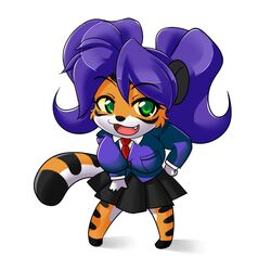  1:1 anthro big_breasts black_stripes bottomwear breasts chibi clothed clothing felid female fur green_eyes hair huge_breasts las_lindas long_hair mammal multicolored_body multicolored_fur nekonny open_mouth orange_body orange_fur pantherine purple_hair shirt skirt smile solo stripes tiger tiggs topwear two_tone_body two_tone_fur white_body white_fur 