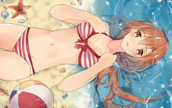  asuna_(sao) bad_id bad_pixiv_id ball beach beachball bikini brown_eyes brown_hair female long_hair lying partially_submerged solo starfish striped_bikini striped_clothes swimsuit sword_art_online youmonii 