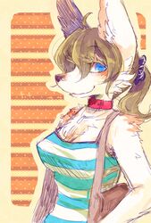  anthro blue_eyes blush brown_hair canid canine canis domestic_dog female fur hair kemono mammal pipisan solo tan_body tan_fur 