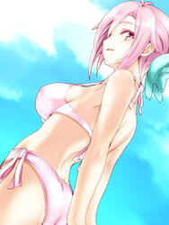  amatsuka_megumi_(gj-bu) arched_back arms_behind_back ass back bikini blue_sky bow breasts cloud commentary day female gj-bu hairbow highres kurokawa_(silve) light_smile looking_back medium_breasts parted_lips photoshop_(medium) pink_bikini pink_eyes pink_hair short_hair side-tie_bikini_bottom sideboob sky solo swimsuit 