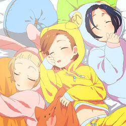  3boys animal_hood bad_id bad_pixiv_id closed_eyes dog_hood drooling highres himeno_kanon hood idolmaster idolmaster_side-m male_focus midriff mofumofuen_(idolmaster) multiple_boys navel okamura_nao oxar pajamas pillow rabbit_hood sheep_hood sleeping tachibana_shiro_(idolmaster) 