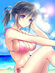  adjusting_hair beach bikini black_hair blue_eyes breasts commentary_request covered_nipples day female hair_ribbon large_breasts original outdoors photoshop_(medium) ponytail ribbon sideboob skindentation solo swimsuit tamaki_mitsune tareme water water_drop wet 