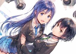  2girls asymmetrical_docking black_eyes black_hair blue_eyes blue_hair breast_press breasts commentary_request dsmile end_card hair_between_eyes joukamachi_no_dandelion long_hair lowres medium_breasts multiple_girls sakurada_aoi sakurada_kanade school_uniform short_hair siblings sisters skirt 