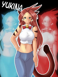  3:4 animal_humanoid big_breasts black_stripes blue_eyes bottomwear breasts brown_eyes brown_hair caribbean_blue cat_humanoid cat_tail clothed clothing ear_tuft felid felid_humanoid feline feline_humanoid female fusion hair hand_behind_back heterochromia huge_breasts humanoid inner_ear_fluff long_hair mammal mammal_humanoid midriff navel pantherine pantherine_humanoid pants red_hair sageofotherworlds shirt smile solo stripes tiger_humanoid tina_(caribbean_blue) topwear tuft yuki_(caribbean_blue) yukina_(nekonny) 