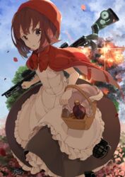  :o basket bottle brown_hair cape commentary_request dress explosion explosive female flower grenade gun highres hood little_red_riding_hood little_red_riding_hood_(grimm) looking_at_viewer original purple_eyes rifle solo tsukugu weapon 