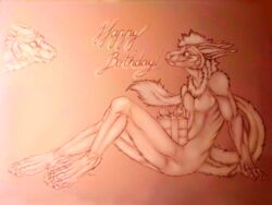  aku_(artist) anthro asian_mythology birthday blush dragon duo east_asian_mythology eastern_dragon european_mythology fur furred_dragon furred_scalie gift gradient_background hexdragon hi_res horn male muscular mythological_creature mythological_scalie mythology r&#039;hael scalie simple_background smile tail western_dragon 