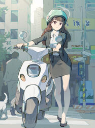  brown_eyes brown_hair business_suit canine collared_shirt commentary crosswalk female formal helmet highres jacket lapels legs long_hair looking_to_the_side motor_vehicle motorcycle_helmet office_lady office_lady_taiwan original pencil_skirt photoshop_(medium) scooter shawl_lapels shirt skirt skirt_suit standing suit taiwan tennohi walking 