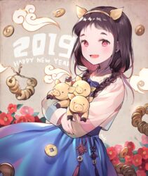  &gt;_&lt; 2019 :d animal animal_ears animal_hug azit_(down) blue_skirt blush braid brown_hair brown_hairband chinese_zodiac coin commentary english_commentary fake_animal_ears female fingernails flower hairband hanbok happy_new_year highres korean_clothes long_hair long_sleeves looking_at_viewer low_twintails new_year norigae open_mouth original pig pig_ears red_eyes red_flower side_braids skirt smile solo twin_braids twintails year_of_the_pig 