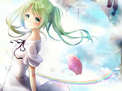  commentary_request dress female floating_hair green_eyes green_hair hatsune_miku long_hair looking_at_viewer maronie. rain rainbow reflection twintails umbrella vocaloid 