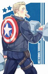  1boy animification avengers_(series) avengers_academy barbell blue_eyes blush bread bread_slice commentary_request food from_behind jo_(artist) male_focus marvel mouth_hold shield solo steve_rogers toast 