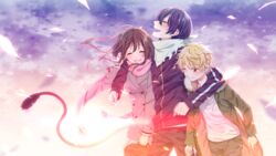  2boys blonde_hair blue_eyes blue_hair blush brown_hair hug iki_hiyori lolicon long_hair long_sleeves multiple_boys noragami orange_eyes pink_eyes scarf short_hair smile standing sweatdrop track_jacket yato_(noragami) yukine_(noragami) 