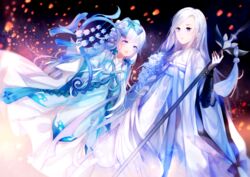  2girls :d bad_id bad_pixiv_id black_sleeves blue_eyes blue_ribbon dress highres holding long_hair long_sleeves multiple_girls open_mouth ribbon silver_hair smile tianxia_shouyou very_long_hair white_dress yu_jiu 