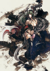  alternate_costume animal_print bad_id bad_pixiv_id bare_shoulders bat_print bat_wings breasts closed_eyes female full_body gauntlets green_hair hayaken_sarena head_wings large_breasts lipstick long_hair makeup morrigan_aensland navel photoshop_(medium) red_eyes solo standing thighhighs vampire_(game) wings 