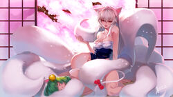  2girls animal_ears bare_shoulders blush breasts cat_ears cherry_blossoms cleavage closed_eyes commentary_request crusaders_quest green_hair highres kitsune kitsune_yeowoodong large_breasts long_hair mew_(crusaders_quest) multiple_girls multiple_tails nude photoshop_(medium) red_eyes sitting sleeping smile squidsmith sweat tail white_hair 