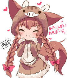  :i animal_costume animal_ears animal_hood blush bow brown_dress brown_hair closed_mouth commentary_request dog_ears dog_girl dog_tail dress facing_viewer female fur-trimmed_dress fur-trimmed_sleeves fur_trim hair_ornament hairbow hairclip hands_on_own_cheeks hands_on_own_face heart hood hood_up hooded_dress long_hair low_twintails makuran momiji_(makuran) original partial_commentary pig_costume pig_ears pig_hood pink_bow signature simple_background solo tail thick_eyebrows translated twintails v-shaped_eyebrows very_long_hair white_background 