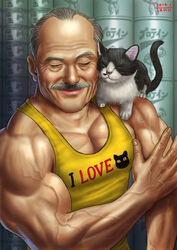  1boy 2014 animal animal_focus animal_on_shoulder bald_spot body_writing cat_on_shoulder closed_eyes commentary_request facial_hair feline grey_hair male_focus manly matataku monita_(matataku) moustache muscular old old_man original pectorals photoshop_(medium) signature smile tank_top veins 